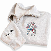 Anatomical Heart Embroidered Quarter Zip Sweatshirt, Custom Sleeve Name Pullover, Nurse Work Sweater, Cardiac Nurse Gift, Gift for RN