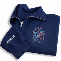 Anatomical Heart Embroidered Quarter Zip Sweatshirt, Custom Sleeve Name Pullover, Nurse Work Sweater, Cardiac Nurse Gift, Gift for RN
