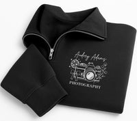 Personalized Camera Embroidered Quarter Zip Sweatshirt, Custom Photo Pullover, Studio Work Top, Photo Shoot Layer, Photographer Gift