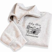 Personalized Camera Embroidered Quarter Zip Sweatshirt, Custom Photo Pullover, Studio Work Top, Photo Shoot Layer, Photographer Gift