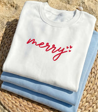 Merry Script Embroidered Shirt, Cozy Christmas Sweatshirt, Minimalist Holiday Hoodie, Festive Winter Crewneck, Christmas Gift for Her