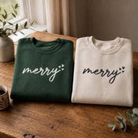 Merry Script Embroidered Sweatshirt, Cozy Christmas Shirt, Minimalist Holiday Hoodie, Festive Winter Crewneck, Christmas Gift for Her