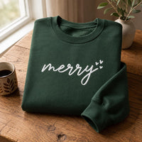 Merry Script Embroidered Sweatshirt, Cozy Christmas Shirt, Minimalist Holiday Hoodie, Festive Winter Crewneck, Christmas Gift for Her