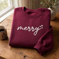 Merry Script Embroidered Shirt, Cozy Christmas Sweatshirt, Minimalist Holiday Hoodie, Festive Winter Crewneck, Christmas Gift for Her