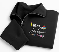 Personalized Teacher Embroidered Quarter Zip Sweatshirt, Custom Name Pullover, Classroom Doodle Top, Educator Workwear, Teacher Gift