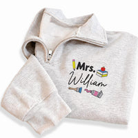Personalized Teacher Embroidered Quarter Zip Sweatshirt, Custom Name Pullover, Classroom Doodle Top, Educator Workwear, Teacher Gift
