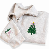Personalized Christmas Embroidered Quarter Zip Sweatshirt, Custom Name Sleeve, Holiday Cozy Pullover, Family Photo Outfit, Christmas Gift