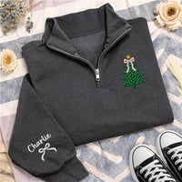 Personalized Christmas Embroidered Quarter Zip Sweatshirt, Custom Name Sleeve, Holiday Cozy Pullover, Family Photo Outfit, Christmas Gift