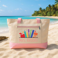 Personalized Teacher Tote Bag with Zipper, Custom Name Canvas Tote, Colorful School Designs, Classroom Supplies Bag, Gift for Teacher