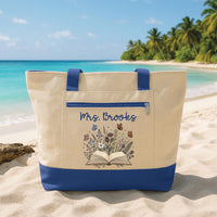 Personalized Teacher Tote Bag with Zipper, Custom Name Canvas Tote, Colorful School Designs, Classroom Supplies Bag, Gift for Teacher