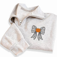 Pumpkin Spiderweb Bow Embroidered Quarter Zip Sweatshirt, Coquette Halloween Pullover, Halloween Party Layer, Festive Gift for Her