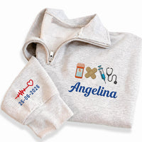 Personalized Nurse Embroidered Quarter Zip Sweatshirt, Custom Name and Date Top, Hospital Shift Pullover, RN Workwear, Nurses Week Gift