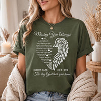 Personalized Memorial Shirt, Custom Angel Wing Remembrance Tee, In Loving Memory Name and Life Dates, Sympathy Bereavement Gift for Her