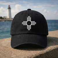 New Mexico Zia Symbol Embroidered Hat, Southwestern Heritage Cap, Bio Washed Cotton Cap, Santa Fe Travel Souvenir, Unique Gift for Her
