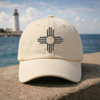New Mexico Zia Symbol Embroidered Hat, Southwestern Heritage Cap, Bio Washed Cotton Cap, Santa Fe Travel Souvenir, Unique Gift for Her