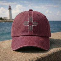New Mexico Zia Symbol Embroidered Hat, Southwestern Heritage Cap, Bio Washed Cotton Cap, Santa Fe Travel Souvenir, Unique Gift for Her
