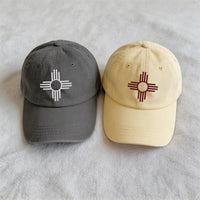 New Mexico Zia Symbol Embroidered Hat, Southwestern Heritage Cap, Bio Washed Cotton Cap, Santa Fe Travel Souvenir, Unique Gift for Her