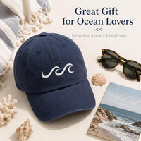Ocean Wave Embroidered Hat, Minimalist Coastal Baseball Cap, Low Profile Dad Hat, Gift for Surfers and Beach Lovers, Everyday Cap Gift
