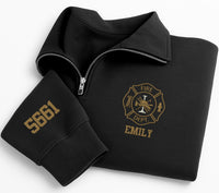 Personalized Firefighter Embroidered Quarter Zip Sweatshirt, Fire Department Pullover, Numbered Sleeve, Crew Gear, Custom Team Gift