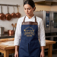 Custom Business Embroidered Apron, Personalized Logo Cooking Apron, Leather Trim Kitchen Uniform, Embroidered Staff Apron, Café Uniform