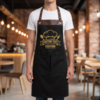 Custom Business Embroidered Apron, Personalized Logo Cooking Apron, Leather Trim Kitchen Uniform, Embroidered Staff Apron, Café Uniform