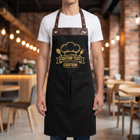 Custom Business Embroidered Apron, Personalized Logo Cooking Apron, Leather Trim Kitchen Uniform, Embroidered Staff Apron, Café Uniform