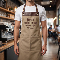 Custom Business Embroidered Apron, Personalized Logo Cooking Apron, Leather Trim Kitchen Uniform, Embroidered Staff Apron, Café Uniform