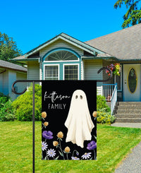 Personalized Halloween Garden Flag, 12x18 Double Sided Yard Flag, Spooky Porch Decor, Ghost Floral Family Name Sign, Halloween Gift