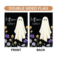 Personalized Halloween Garden Flag, 12x18 Double Sided Yard Flag, Spooky Porch Decor, Ghost Floral Family Name Sign, Halloween Gift