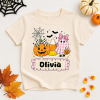 Personalized Kids Halloween Shirt, Custom Name Ghost Pumpkin Tee, Cute Toddler Trick or Treat Outfit, Boys Girls Fall Top, Gift for Kids