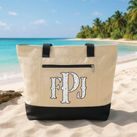 Personalized Monogram Tote Bag with Zipper, Custom Floral Initial Canvas Bag, Beach Travel Tote, Vacation Essentials, Travel Gift for Her