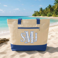 Personalized Monogram Tote Bag with Zipper, Custom Floral Initial Canvas Bag, Beach Travel Tote, Vacation Essentials, Travel Gift for Her