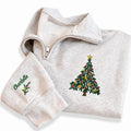 Christmas Tree Embroidered Quarter Zip Sweatshirt, Personalized Sleeve Name, Family Holiday Outfit, Christmas Day Sweater, Holiday Gift