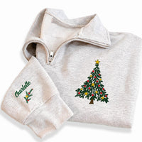 Christmas Tree Embroidered Quarter Zip Sweatshirt, Personalized Sleeve Name, Family Holiday Outfit, Christmas Day Sweater, Holiday Gift