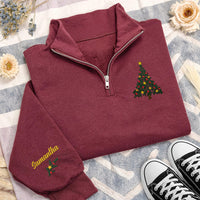 Christmas Tree Embroidered Quarter Zip Sweatshirt, Personalized Sleeve Name, Family Holiday Outfit, Christmas Day Sweater, Holiday Gift