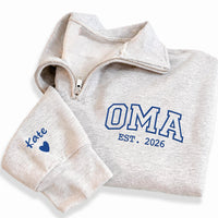 Oma Est. 2026 Embroidered Quarter Zip Sweatshirt, Grandma Daily Sweater, Custom Grandkid Names, Pregnancy Reveal Top, Grandma Gift