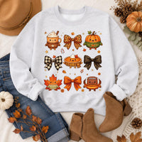Cozy Fall Kawaii Sweatshirt, Cute Pumpkin Spice Crewneck, Autumn Bow and Pie Shirt, Thanksgiving Football Pullover, Holiday Gift for Her
