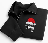 Personalized Santa Hat Embroidered Quarter Zip Sweatshirt, Custom Name Sweater, Holiday Cozy Pullover, Winter Party Outfit, Christmas Gift