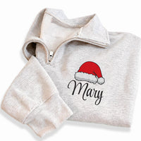 Personalized Santa Hat Embroidered Quarter Zip Sweatshirt, Custom Name Sweater, Holiday Cozy Pullover, Winter Party Outfit, Christmas Gift
