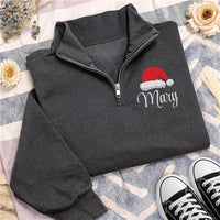 Personalized Santa Hat Embroidered Quarter Zip Sweatshirt, Custom Name Sweater, Holiday Cozy Pullover, Winter Party Outfit, Christmas Gift
