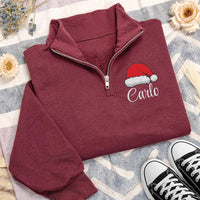 Personalized Santa Hat Embroidered Quarter Zip Sweatshirt, Custom Name Sweater, Holiday Cozy Pullover, Winter Party Outfit, Christmas Gift