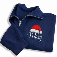 Personalized Santa Hat Embroidered Quarter Zip Sweatshirt, Custom Name Sweater, Holiday Cozy Pullover, Winter Party Outfit, Christmas Gift