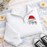 Personalized Santa Hat Embroidered Quarter Zip Sweatshirt, Custom Name Sweater, Holiday Cozy Pullover, Winter Party Outfit, Christmas Gift