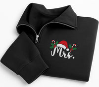 Personalized Mr and Mrs Embroidered Quarter Zip Sweatshirt, Holiday Cozy Pullover, Custom Santa Hat Top, Xmas Couple Outfit, Holiday Gift