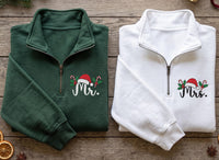 Personalized Mr and Mrs Embroidered Quarter Zip Sweatshirt, Holiday Cozy Pullover, Custom Santa Hat Top, Xmas Couple Outfit, Holiday Gift