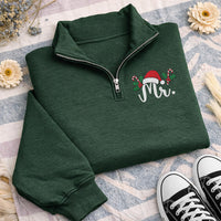 Personalized Mr and Mrs Embroidered Quarter Zip Sweatshirt, Holiday Cozy Pullover, Custom Santa Hat Top, Xmas Couple Outfit, Holiday Gift