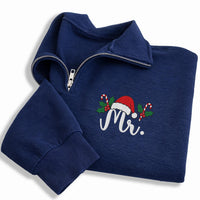 Personalized Mr and Mrs Embroidered Quarter Zip Sweatshirt, Holiday Cozy Pullover, Custom Santa Hat Top, Xmas Couple Outfit, Holiday Gift