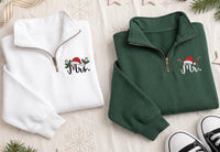 Personalized Mr and Mrs Embroidered Quarter Zip Sweatshirt, Holiday Cozy Pullover, Custom Santa Hat Top, Xmas Couple Outfit, Holiday Gift