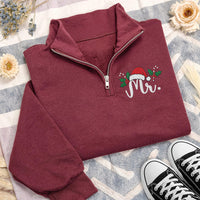 Personalized Mr and Mrs Embroidered Quarter Zip Sweatshirt, Holiday Cozy Pullover, Custom Santa Hat Top, Xmas Couple Outfit, Holiday Gift