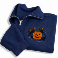 Halloween Cats Embroidered Quarter Zip Sweatshirt, Black Cat Pumpkin Pullover, Halloween Party Layer for Cat Lovers, Cute Festive Gift